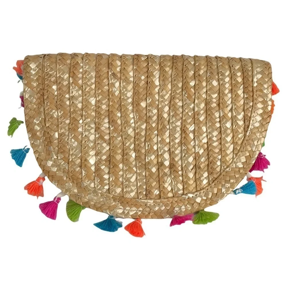 SHIRALEAH Woven Rainbow Tassel & Pompom Envelope Purse Bag YOLO Clutch Natural